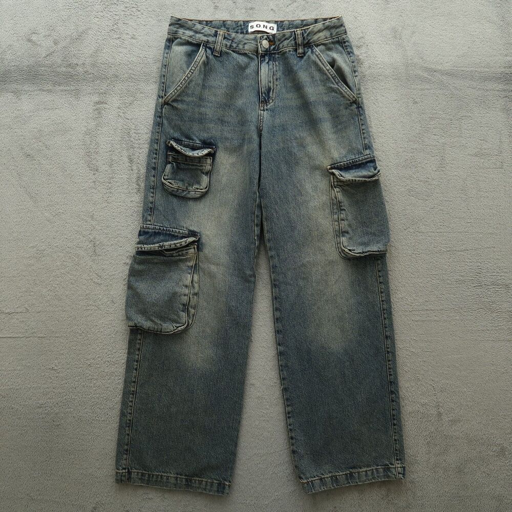 S.O.N.G Jeans Junior's Size 3/26 Blue Mid-Rise Cargo Straight Denim 30" Inseam